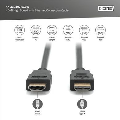 Кабель HDMI 4K 1 метр Digitus AK-330107-010-S