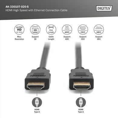 Кабель HDMI 4K 2 метри Digitus AK-330107-020-S